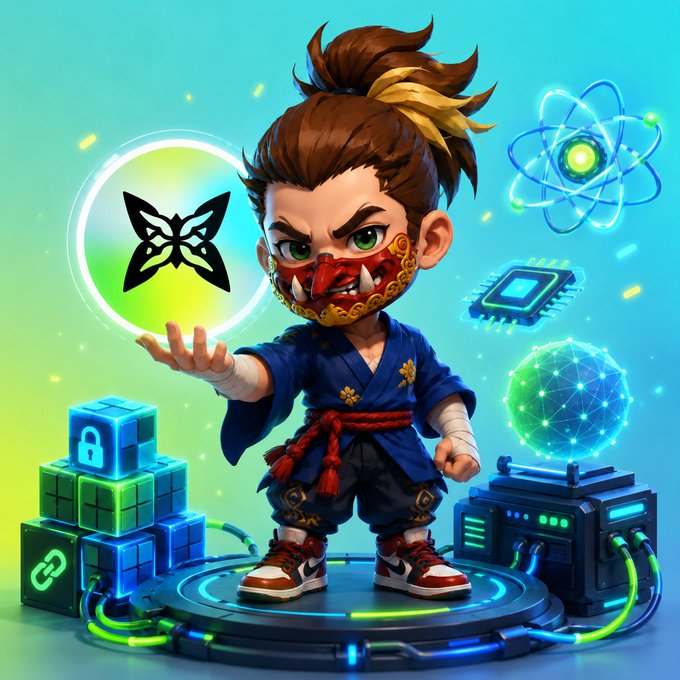 A vibrant digital illustration of a chibi-style ninja character with a topknot, red mask, and blue kimono holding a glowing butterfly emblem, surrounded by tech icons like a CPU chip, atom, globe, and padlock.