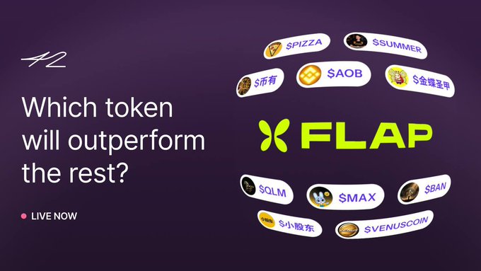 A promotional graphic for the "42" event on flapdotsh, featuring the text "Which token will outperform the rest?" alongside ticker tags like $PIZZA, $SUMMER, $AOB, $BAN, $MAX, and $VENUSCOIN, as the launchpad competes with Pump.fun for top-performing BNB tokens ahead of an August 14 deadline.