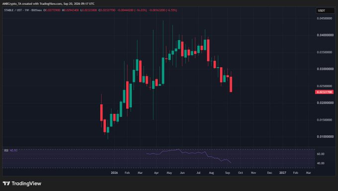 A TradingView weekly candlestick chart of STABLE/USDT shows the token falling from a May peak near $0.045 to $0.02773900, a 16.03% weekly decline that aligns with its mention among the week's biggest losers. The RSI indicator at the bottom sits around 40, suggesting the recent drop may be approaching oversold conditions.