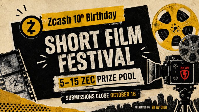A promotional poster for the 'Zcash 10th Birthday Short Film Festival' featuring a film reel and camera, with text indicating a '5-15 ZEC Prize Pool' and 'Submissions Close October 16' presented by ZK AV Club.