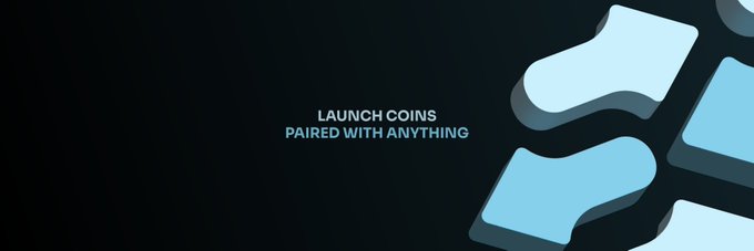 The image features a sleek, dark banner with abstract teal shapes on the right and the text "LAUNCH COINS PAIRED WITH ANYTHING" in the center, promoting a platform's coin-launching capability. This visually complements the StonkFun update by highlighting the feature being introduced—launching new coins with customizable fee structures and API integration options.