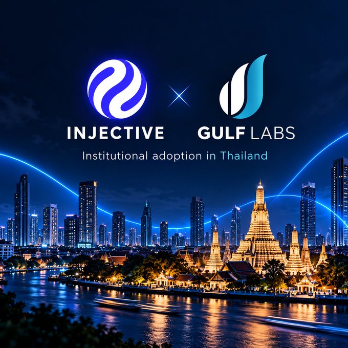 A promotional graphic announcing 'INJECTIVE × GULF LABS Institutional adoption in Thailand' featuring the two company logos over a nighttime cityscape of Bangkok with Wat Arun temple illuminated along the river.