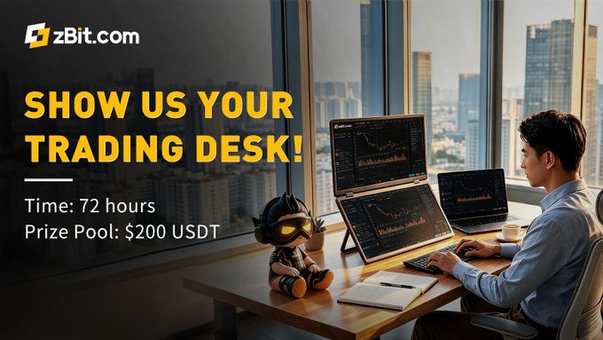 Advertisement for zBit.com's 'SHOW US YOUR TRADING DESK!' contest offering a 200 USDT prize pool over 72 hours, showing a trader at a multi-monitor setup with city views.