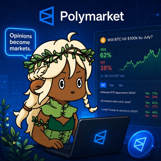 A Polymarket promotional image featuring a cartoon character with a laurel wreath using a laptop, alongside a trading interface showing 'Will BTC hit $100k by July?' at 62% YES / 38% NO, with other markets on Ethereum ETFs, US interest rates, and Trump election odds.