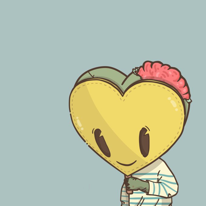 A cartoon illustration shows a character with a yellow heart-shaped head and visible pink brain, wearing a blue and white striped shirt against a light blue background.