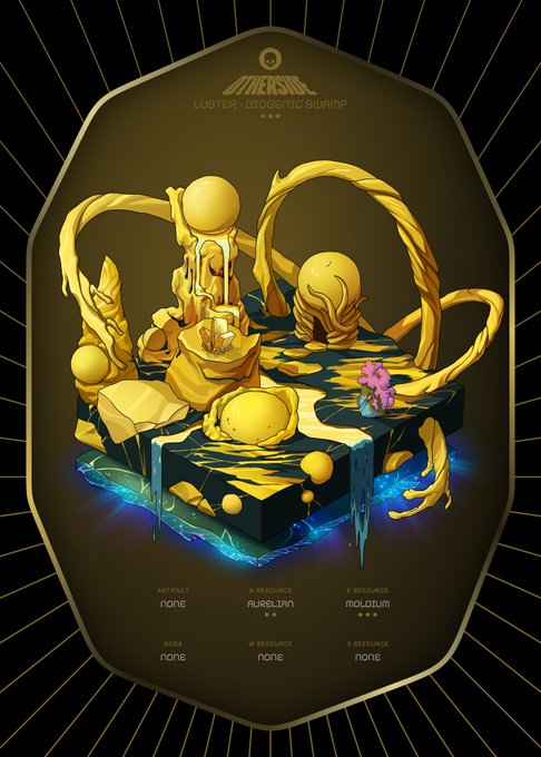 The image features a poster with a gold background that displays an illustration of a golden statue surrounded by various objects such as a fish, a bird, and a flower. The text on the poster reads "GRAIL OTHERDEED EXPANDED SOLD #2164 - 0.31 WETH Aurelian (rare resource, 207 supply) Buyer: NFTPER_Gurgy Seller: badaille". This suggests that there is an item for sale related to the golden statue depicted in the poster.