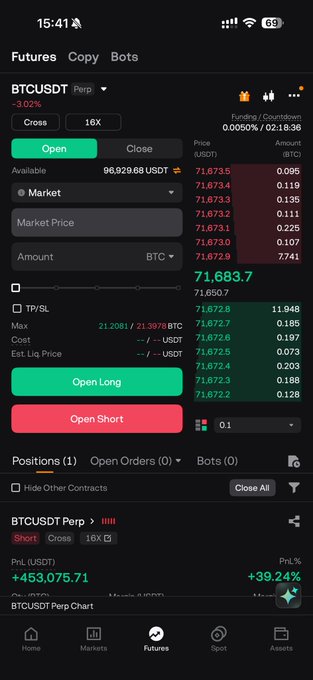 This image shows a cellphone screen that displays information about various Bitcoins, including trading positions, market prices, and open orders. The focus of this display is Bitcoin and Forex information, indicating interest or involvement with these digital assets as well as the broader global financial markets.