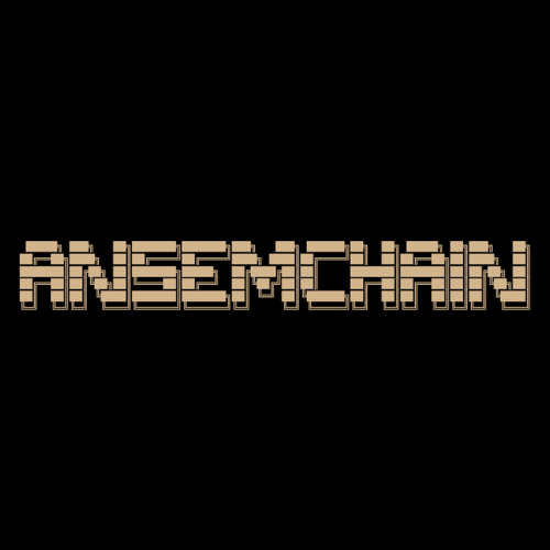 The image displays the text "ANSEMCHAIN" in a stylized, blocky, tan-colored font against a black background, serving as a logo for the AI-powered blockchain project mentioned in the post.