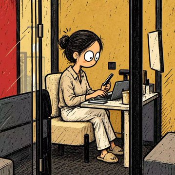 An illustration of a wide-eyed woman sitting in a chair at a desk in an office cubicle, looking surprised at her phone while a laptop and coffee sit nearby.