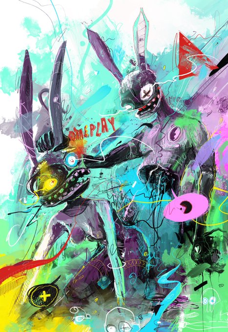 A vibrant, chaotic illustration featuring abstract rabbit-like creatures with long ears, splattered paint, and the word 'DISPLAY' in red.
