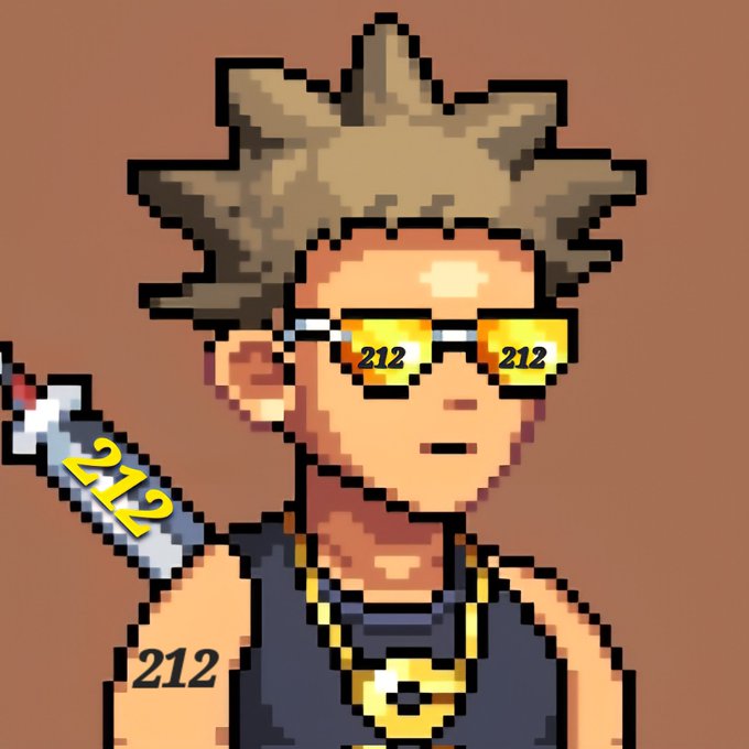 A pixel art illustration of a character with spiky hair wearing gold sunglasses and a gold chain, holding a bottle, with the number '212' appearing multiple times.