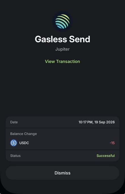 A dark-themed mobile transaction confirmation screen shows a successful "Gasless Send" via Jupiter, with a balance change of -15 USDC dated 10:17 PM, 19 Sep 2026, and a "View Transaction" link—appearing to celebrate a user's gas-free transaction milestone.