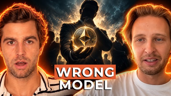 A YouTube thumbnail featuring two men flanking a central image of a figure holding an Ethereum coin, with the bold text 'WRONG MODEL' displayed at the bottom.