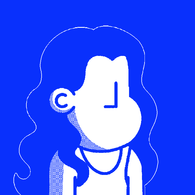 A minimalist blue and white graphic illustration showing the stylized silhouette of a woman with long wavy hair in profile against a solid blue background.