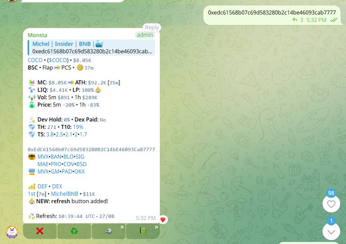A Telegram chat screenshot showing a message from bot 'Monsta' containing cryptocurrency/token data including 'Michel | Insider | BNB' with market cap, liquidity, volume stats, and price information for $COCO.