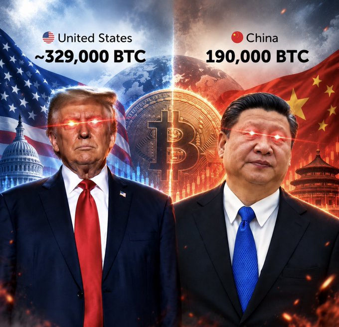 This image depicts Donald Trump and Xi Jinping in a confrontational stance, with the United States holding approximately 329,000 BTC and China holding 190,000 BTC, symbolizing a brewing conflict over Bitcoin.
