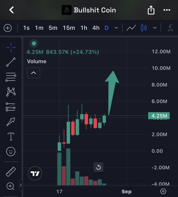 A TradingView chart titled "Bullshit Coin" shows a +24.73% gain with volume at 4.25M, featuring a green upward arrow drawn on the daily (D) timeframe.
