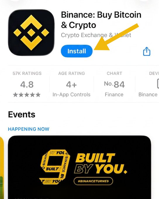The image shows the App Store listing for "Binance: Buy Bitcoin & Crypto" with a yellow arrow pointing to the blue "Install" button, highlighting the app's 4.8 rating from 57K ratings and its #84 ranking in the Finance chart. The caption pairs well with the post "The next era of finance is one tap away" by visually emphasizing that downloading the Binance app is just a single tap away.