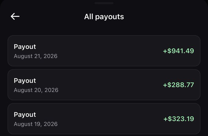 A mobile screen displays "All payouts" showing three recent Payout transactions: +$941.49 on August 21, 2026, +$288.77 on August 20, 2026, and +$323.19 on August 19, 2026. The image reinforces the post's message about profiting from social trading callouts, with the consistent positive payouts demonstrating the results of taking those trade signals seriously.