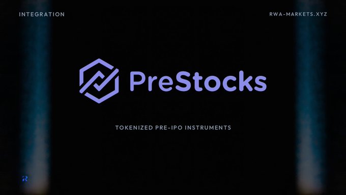 A black promotional screen displays the PreStocks logo in purple with the text 'INTEGRATION', 'RWA-MARKETS.XYZ', and 'TOKENIZED PRE-IPO INSTRUMENTS'.