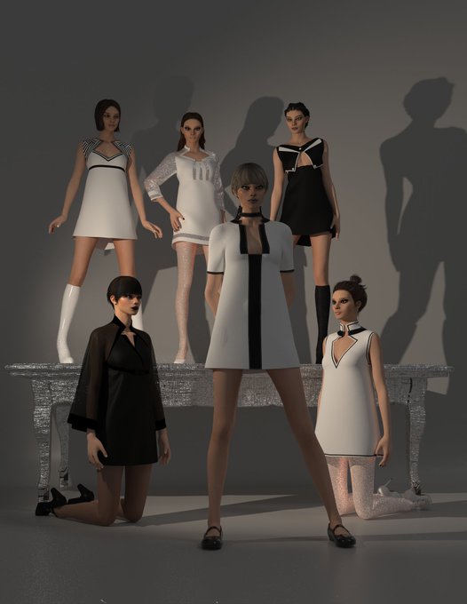 Five female models pose in monochrome black and white dresses on and around a silver bench against a grey background with dramatic shadows.