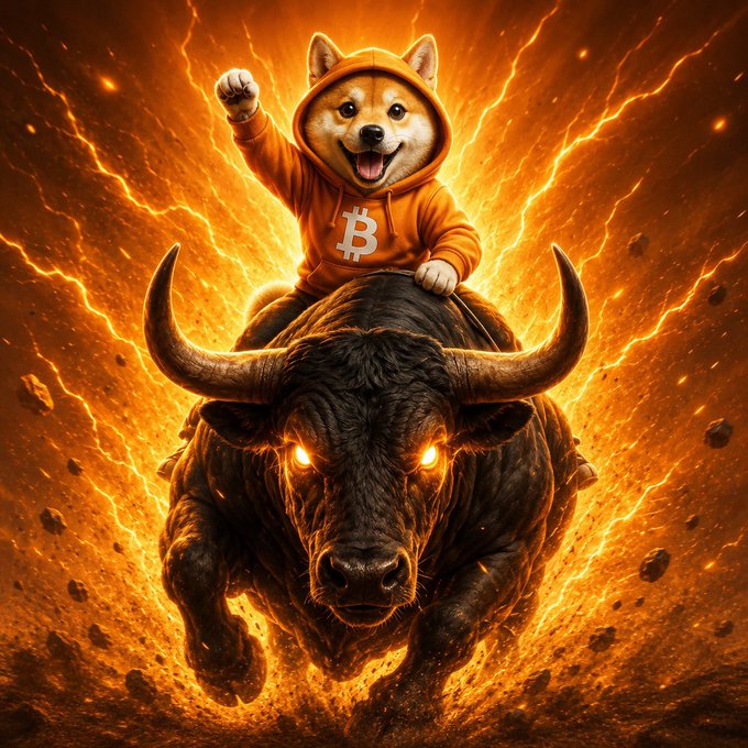 A digital artwork of a Shiba Inu dog wearing an orange Bitcoin hoodie, riding on the back of a charging bull surrounded by fiery orange lightning and debris.
