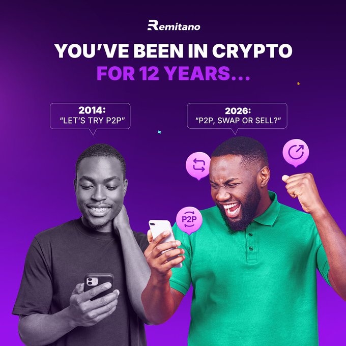 A Remitano cryptocurrency advertisement comparing 2014 ('Let's try P2P') with 2026 ('P2P, swap or sell'), showing the same man smiling in black and white on the left and excitedly in color with a green shirt on the right.