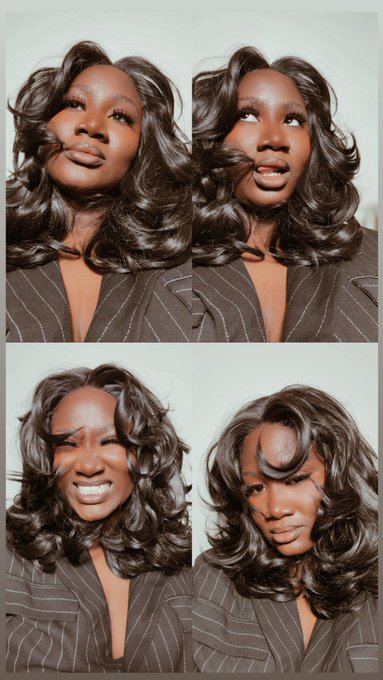 The image features a woman with long, dark hair wearing a black suit jacket. There are four photos of her head, each showing different aspects of her face or outfit. The first photo shows her smiling at the camera, while the other three photos show her looking in various directions. The caption "Your bosssdt" is present in the image and seems to be related to the post about the woman's appearance.