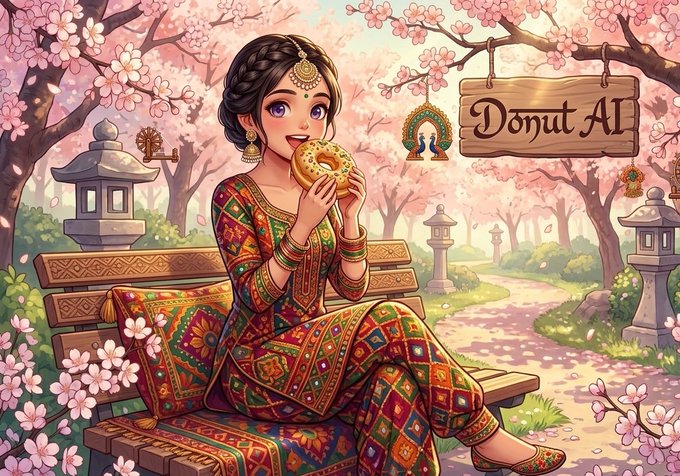 iced coffee with a donut on top, surrounded by pink flowers and trees, with the text "DONUT AL" above it.