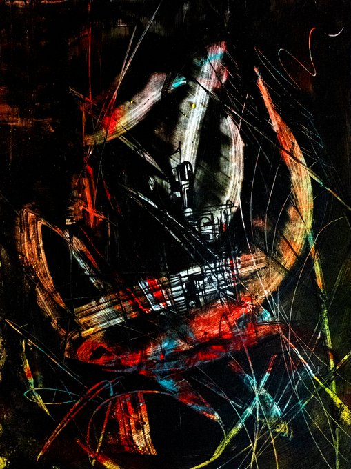 An abstract, dark expressionist painting features chaotic, colorful lines in red, yellow, and blue converging around a shadowy central face or skull-like form.