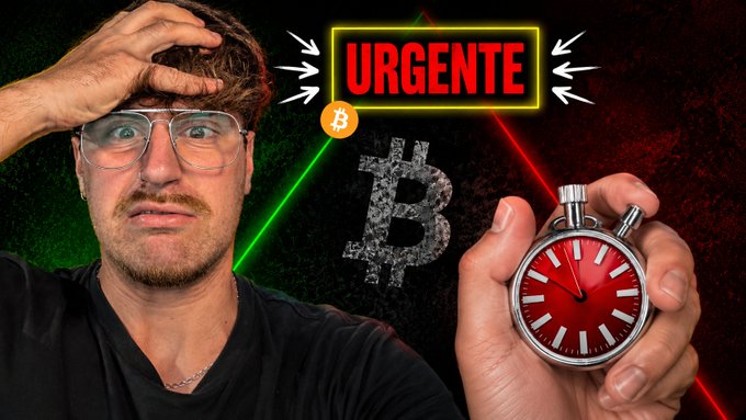 A man with glasses appears shocked, holding his forehead, while holding up a red-faced stopwatch in front of a Bitcoin logo, with an "URGENTE" sign displayed above—visually conveying urgency and a time-sensitive alert about Bitcoin, aligning with the post's warning about not having seen this since historical highs.