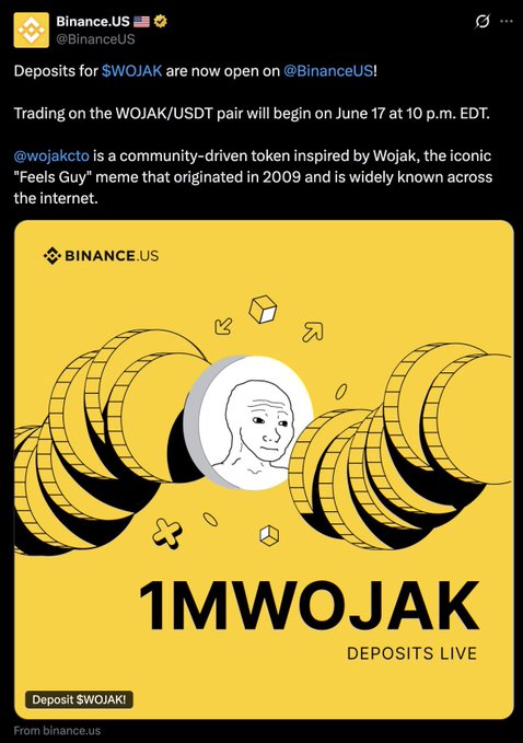 The image features a poster for Bitcoin US Deposits Live, which has been listed on Binance US. The poster includes an illustration of a man's face with a coin around his neck, accompanied by text that reads "1MWOJAK" and "deposit 8SVAT". The poster also mentions the hashtag "#wojakcto" and encourages users to join the Bitcoin US community on the road to even greater wealth.