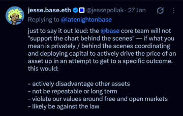 A tweet from @jessepollak replying to @latenightonbase stating that the Base core team will not support 'the chart behind the scenes,' describing it as actively disadvantaging other assets and likely illegal.