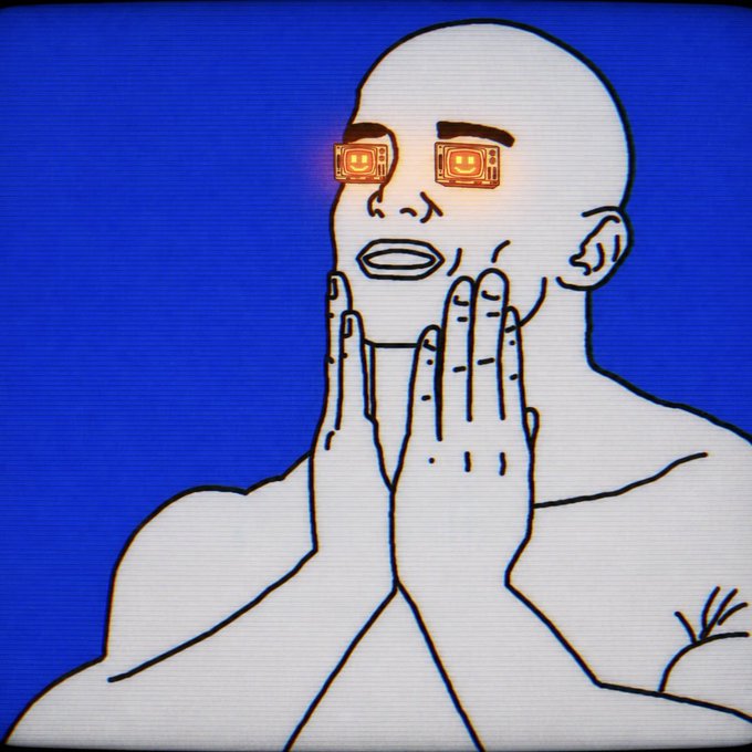 A stylized illustration of a bald humanoid figure with digital/glowing orange eyes holding its face in its hands against a blue background.