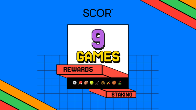 A retro 8-bit style graphic for SCOR featuring "9 GAMES" with red banners labeled "REWARDS" and "STAKING" against a blue grid background.