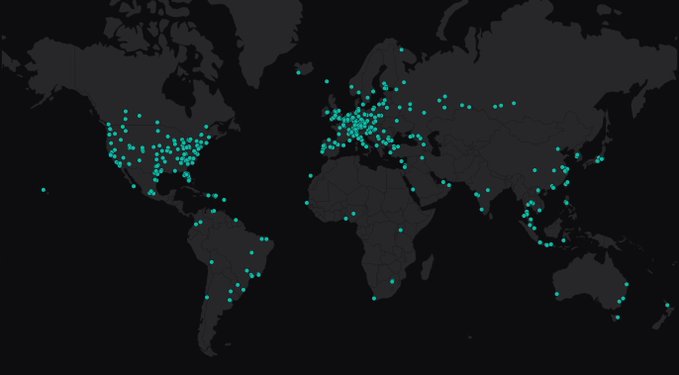 A dark world map highlighting cyan dots across various regions, with dense concentrations in North America, Europe, and parts of Asia, suggesting global network activity or node distribution.