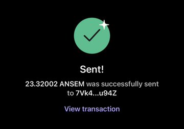 A green confirmation screen displays "Sent!" with text confirming "23.32002 ANSEM was successfully sent to 7Vk4...u94Z," along with a "View transaction" link. This screenshot serves as proof of an ANSEM token airdrop sent to four followers, supporting the post's request for follows and notification alerts.