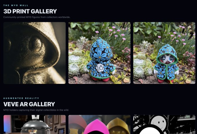 A website section titled "3D PRINT GALLERY" displaying community-printed MYO figures and a "VEVE AR GALLERY" section showing augmented reality captures of digital collectibles.