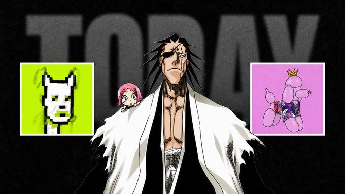 An anime-style illustration featuring a tall, scarred man in a white coat in the center, a small pink-haired character on his shoulder, a green square with a pixelated white cat on the left, and a pink square with a balloon dog wearing a crown on the right, with 'TODAY' in the background.