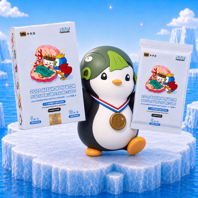 Promotional image for 'POP MART x PUDGY PENGUINS' featuring a penguin figurine wearing a helmet and medal with a gold 'P' charm, alongside '2026 KAKAWON PHANTOM PUDGY PENGUINS TRADING CARDS' boxes on ice.