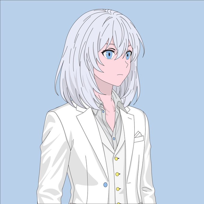 An anime-style character with silver hair and blue eyes, dressed in a white suit and vest, stands against a light blue background. The image evokes the "gm" (good morning) sentiment commonly shared in NFT/crypto communities, with the character's sleek, confident appearance reflecting the optimistic "Believe in NFTs" message.