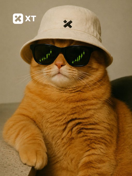 This image shows a cat wearing sunglasses that reflect a green stock chart, symbolizing profitable trading. The XT logo is visible in the corner.