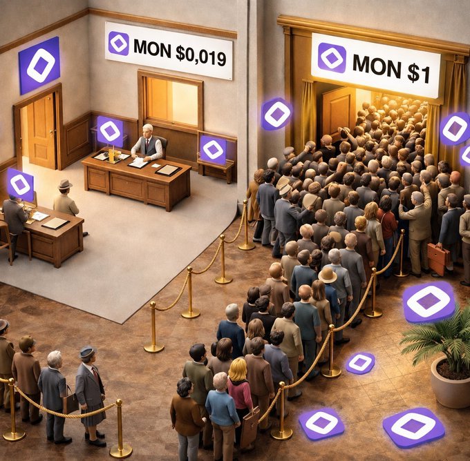 A split illustration contrasts a nearly empty service desk under a "MON $0,019" sign with a massive crowd rushing through a doorway labeled "MON $1," symbolizing the hope that early supporters of the MON token will one day celebrate its rise to a $1 valuation together.