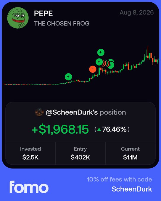 A promotional graphic for the "fomo" platform displays a PEPE ("The Chosen Frog") memecoin price chart dated Aug 8, 2026, highlighting a user's trade showing a +$1,968.15 gain (76.46%) from a $2.5K investment that grew to $1.1M, supporting the post's bullish $5M market cap prediction for PEPE.