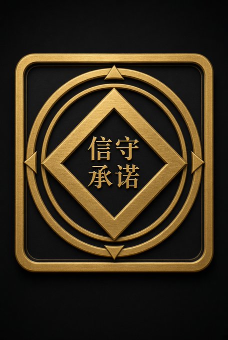 A gold and black geometric emblem featuring a diamond shape and Chinese characters '信守承诺' (Keep one's promise).