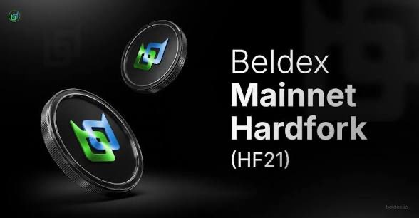A promotional graphic announces the 'Beldex Mainnet Hardfork (HF21)' featuring two coin designs against a dark background.