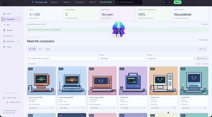 A dashboard screenshot of the "MuesliSwap" platform displays various retro-themed "Computers" NFT collection cards, including items like "Clawd Computer #001" and "CLANO #024".