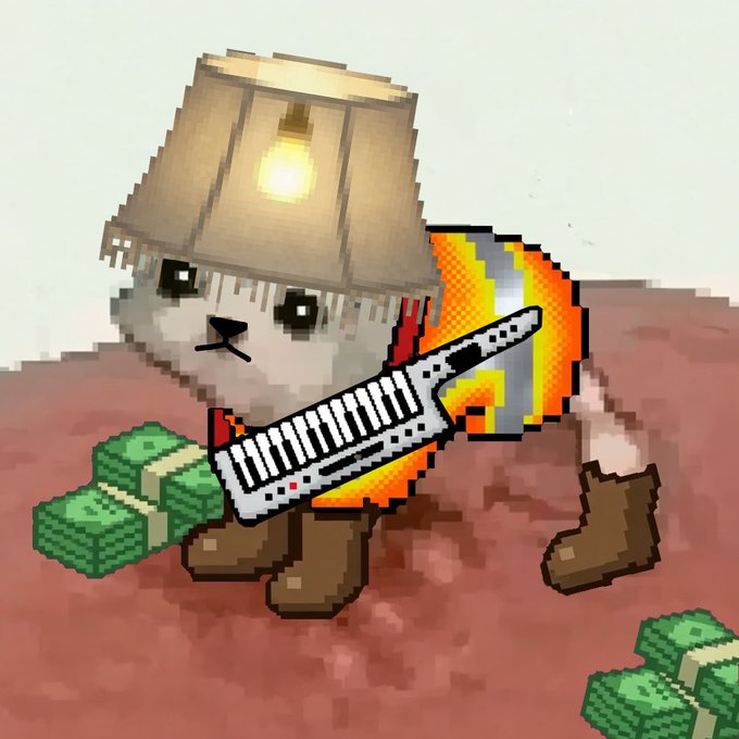A pixel-art character resembling a small dog or cat with large dark eyes wears a tan lamp shade on its head and carries a large orange and silver keytar keyboard on its back, walking across a reddish-brown surface with green pixelated bundles.