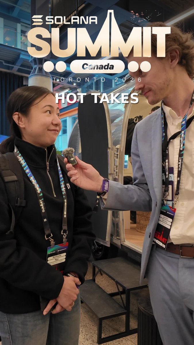 A promotional graphic for the 'SOLANA SUMMIT Canada TORONTO 2026' featuring the title 'HOT TAKES,' showing a man in a blue suit interviewing a woman in a black jacket with a microphone.
