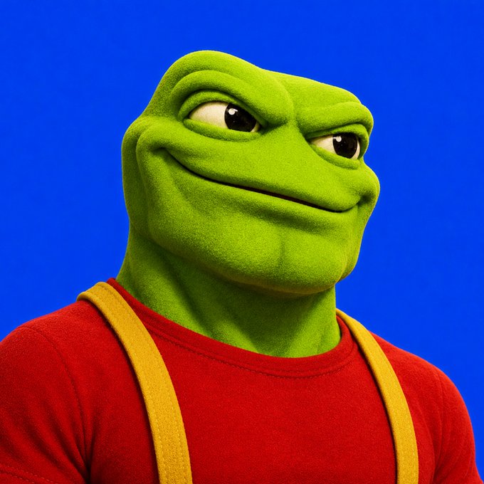 A close-up, 3D-rendered portrait of a green anthropomorphic frog with a smirk, wearing a red shirt and yellow suspenders against a solid blue background.